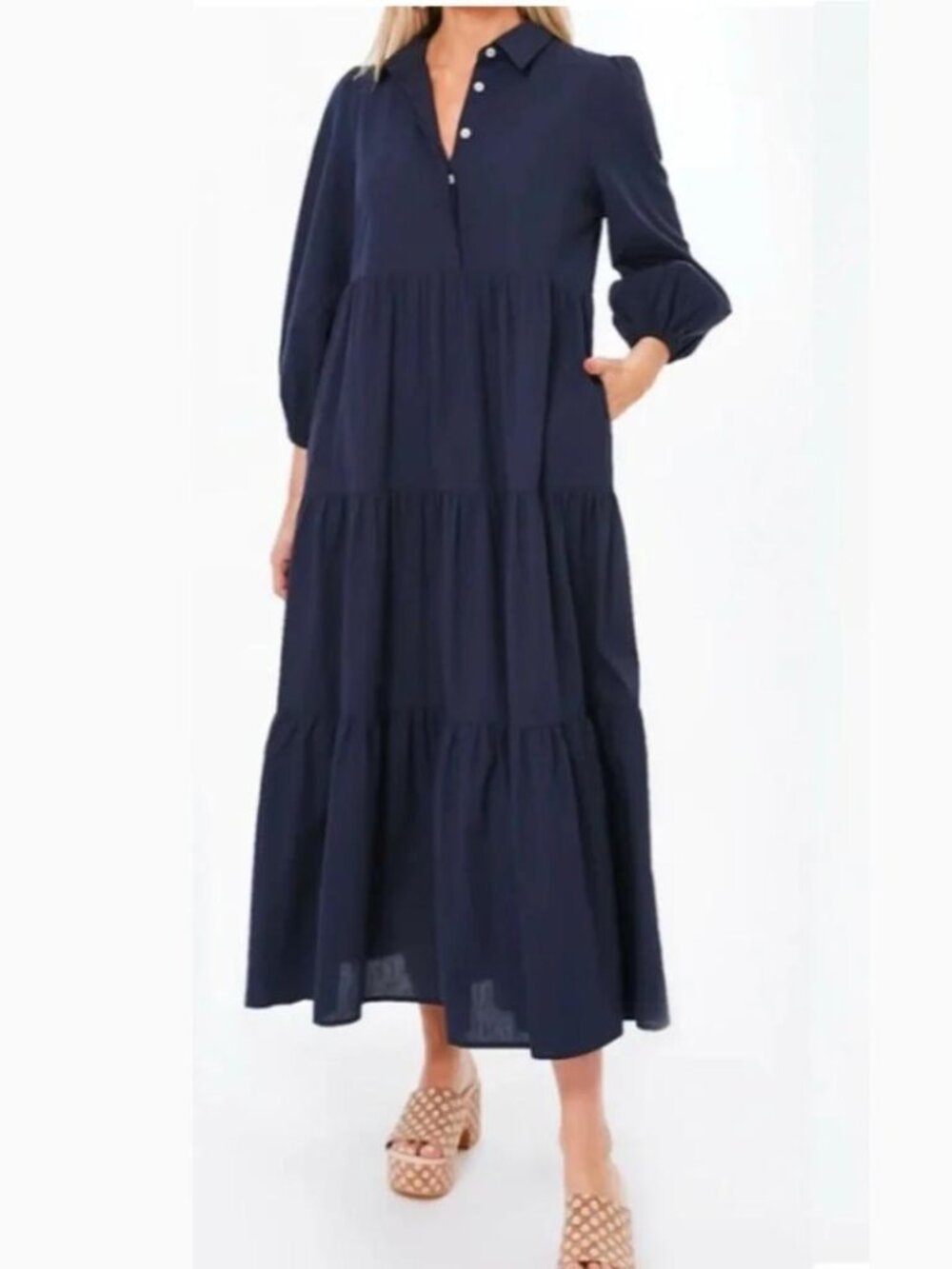 Pomander Place Mabel navy blue A-line tiered maxi dress cotton Tuckernuck XL